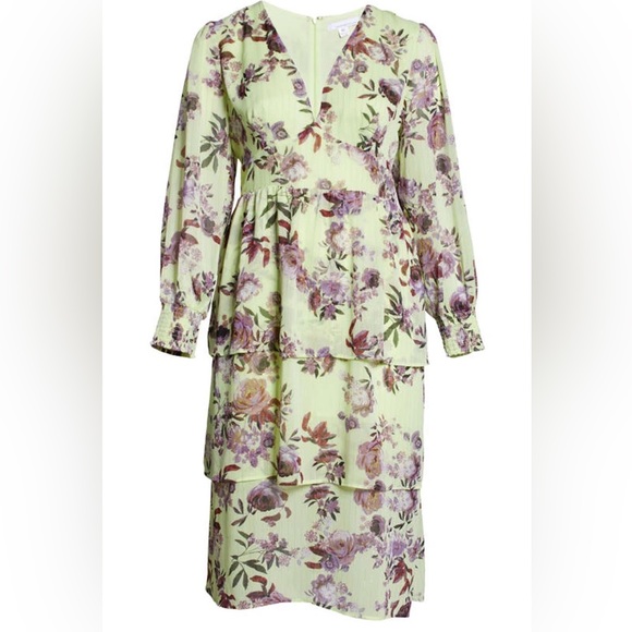 Shop Fourteenth Place Ella Floral Chiffon Long Sleeve Midi Dress - Picture 6 of 13